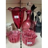 Cranberry glass claret jug and a large vase appx 24cm high, with a pair of 19th century glass bowls