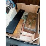 A selection of tin boxes with contents to include militaria, draughts, etc.