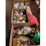 3 boxes of pottery including ginger jars, vases, bowls, bankers lamp etc