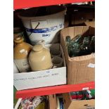 2 boxes and a tub of stoneware and glass bottles