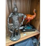A Bronze sculpture of an Emu on a pedestal signed " Fremiet" and a Bronze figure of a warrior
