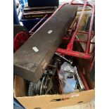 A box of assorted tools including a No. Saftap, Mercer gauge rod, folding trolley, etc.