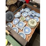 A box of mostly blue and white Wedgwood Jasperware including vases, lidded dishes etc, 21 pieces (