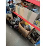 Nine boxes of assorted pottery items, glassware, brasswareetc