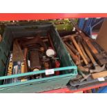Two trays of tools including planes, hammers, chisels etc and a sash clamp.