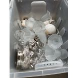 A box of plated ware, crystal glass, frosted glass etc