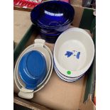 A set of 3 Le Creuset blue baking dishes, 3 Lakeland serving dishes, an Emile Henry dish, and two