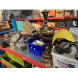 Four boxes and a bucket of assorted garage wares including chimney sweep brushes, ornate table lamp,