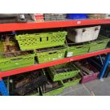 12 crates of hand tools including screwdrivers, brace and bit drills, files, hammers, ring spanners,