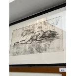 20th century school, signed print, reclining nude, framed and glazed, indistinctly signed to lower