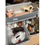 3 small boxes of mainly pig ornaments including Wade, crested etc., also including a Limoge pill box