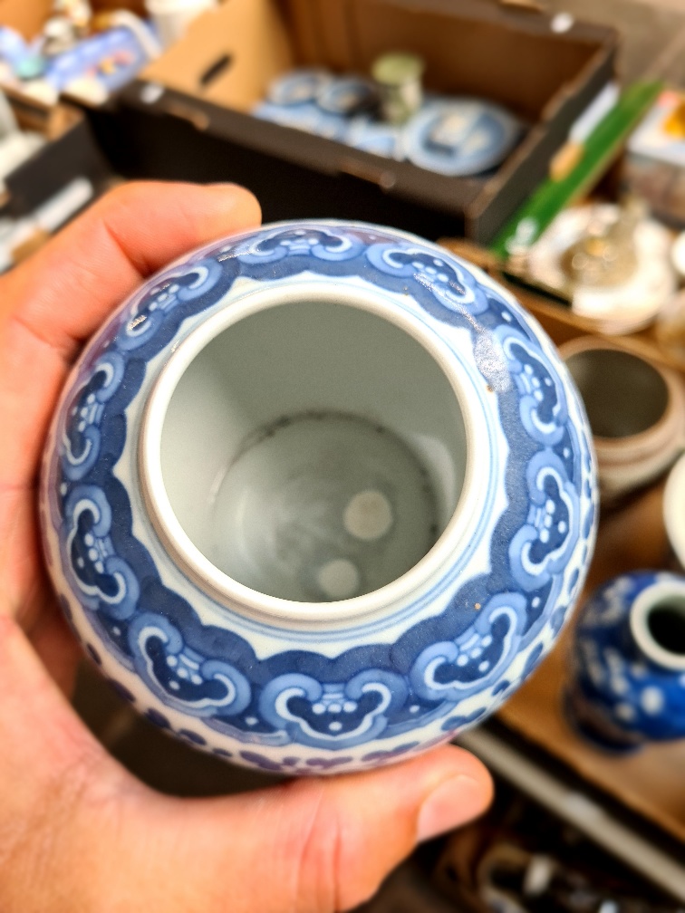 Assorted mainly Chinese porcelain comprising two blue and white prunus vases bearing Kangxi marks, a - Image 12 of 17