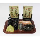 A tray of assorted oriental items including a pair of Japanese vases, a pair of Chinese stone panels