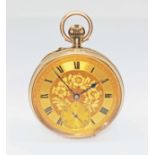 A Edwardian 9ct gold pocket watch, engraved gilt dial with blued hands, Roman numerals and seconds