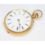 A Victorian 18ct gold ladies pocket watch, diam. 37mm, white enamel dial with Roman numerals,