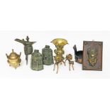 Assorted eastern metalware including a Chinese gu vase, candlesticks, bells etc.