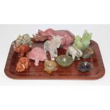 Assorted mainly Chinese hard stone carvings including a rock crystal quartz elephant etc.