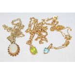 Three pendants on chains; precious opal, topaz and peridot, the peridot pendant marked '14k', all