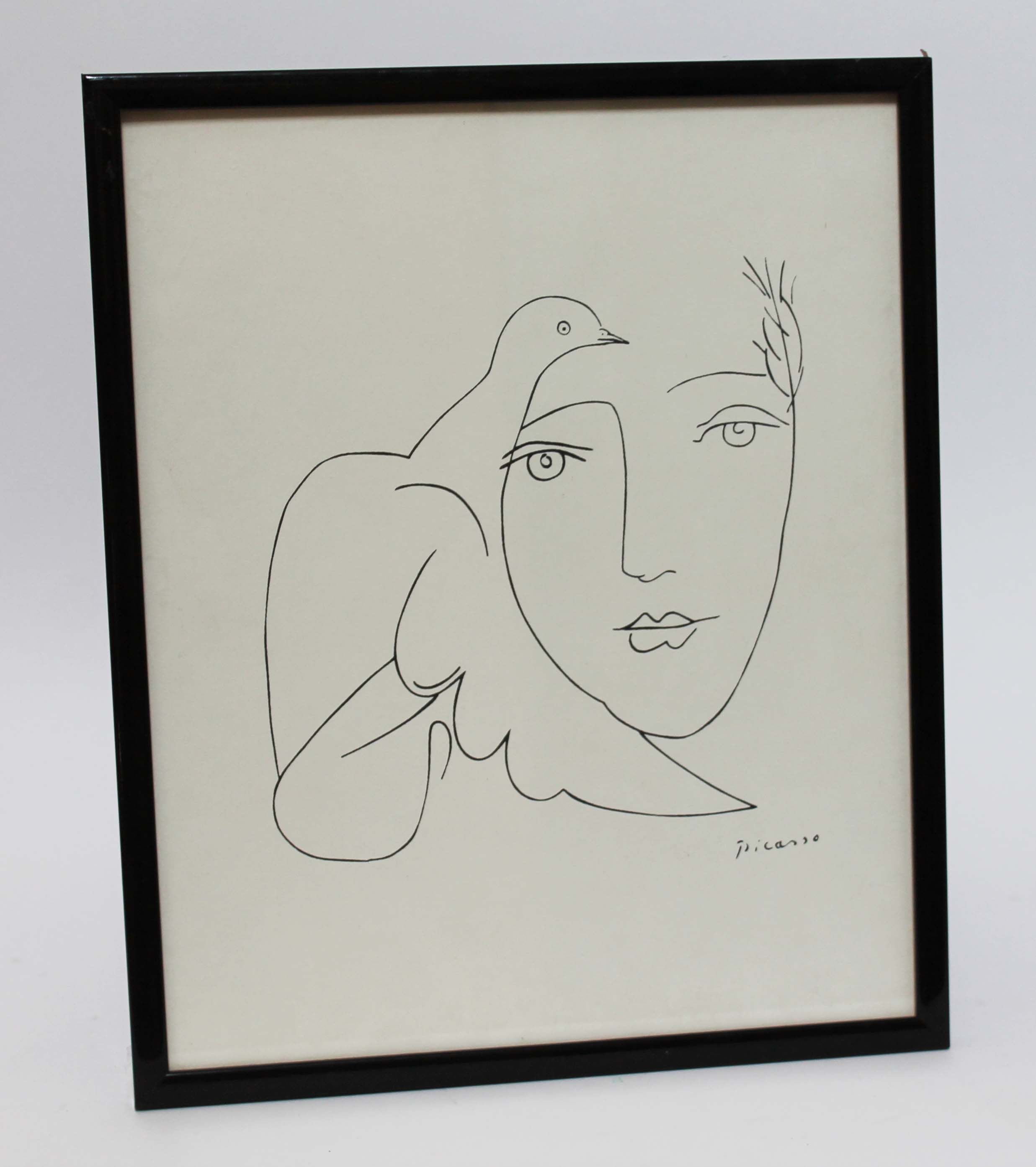 After Pablo Picasso, Dove and The Face, pen and ink, 32cm x 39cm, bearing signature, framed 35cm x
