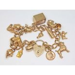 A 9ct gold charm bracelet comprising thirteen hallmarked 9ct gold charms and another marked '9ct',