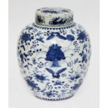 A Chinese porcelain blue and white ginger jar and cover, circa 1900, decorated with birds,