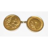 Two George V sovereigns 1912 and 1913, mounted together in hallmarked 9ct gold, gross wt. 18.3g.