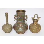 Three pieces of Oriental metalware comprising a Persian brass bottle vase, height 27cm, an Indian