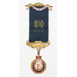A hallmarked 9ct gold RAOB medallion, blue ribbon with gilt metal bars, approx. gold wt. 5.5g.