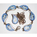 A contemporary "Paisley Leaf" silver and enamel bracelet and matching pendant necklace by Shelia