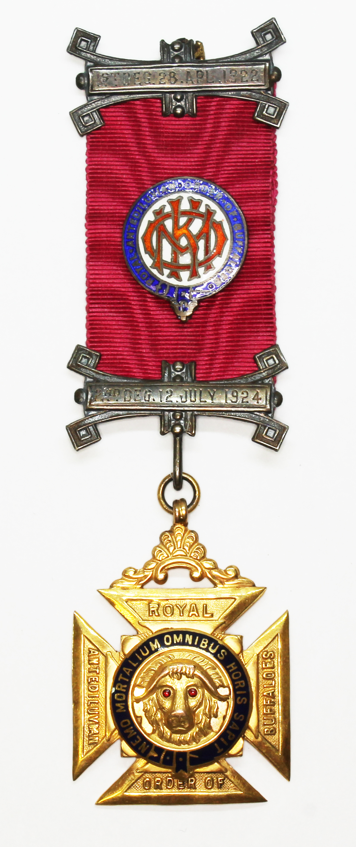 A hallmarked 9ct gold RAOB medallion, ribbon with white metal bars and enamel badge, approx. gold