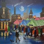 Mal Burton (contemporary), Northern artist, two oil on canvases, 'Market Night' 2020 and 'A Cold