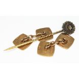 A pair of hallmarked 9ct gold cufflinks and a stick pin marked '9ct', gross wt. 6.9g.