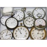 A box of assorted pocket watches, spares and repairs.