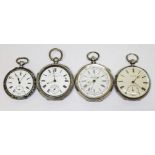 A group of four silver pocket watches, all as found.