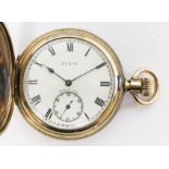 A gold plated full hunter Elgin pocket watch, circa 1920s, signed white enamel dial, Roman numeralds