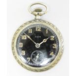 An Elgin WWI British military pocket watch, signed black dial, luminous Arabic numerals, seconds