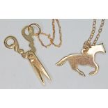 A hallmarked 9ct gold pendant modelled as a galloping horse, another pendant formed as a pair of