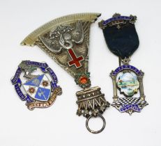 Three hallmarked silver Masonic jewels, gross wt. 130.9g.