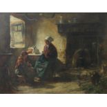 Edward John Cobbett (1815-1899), oil on board, interior scene with woman and child, 57cm