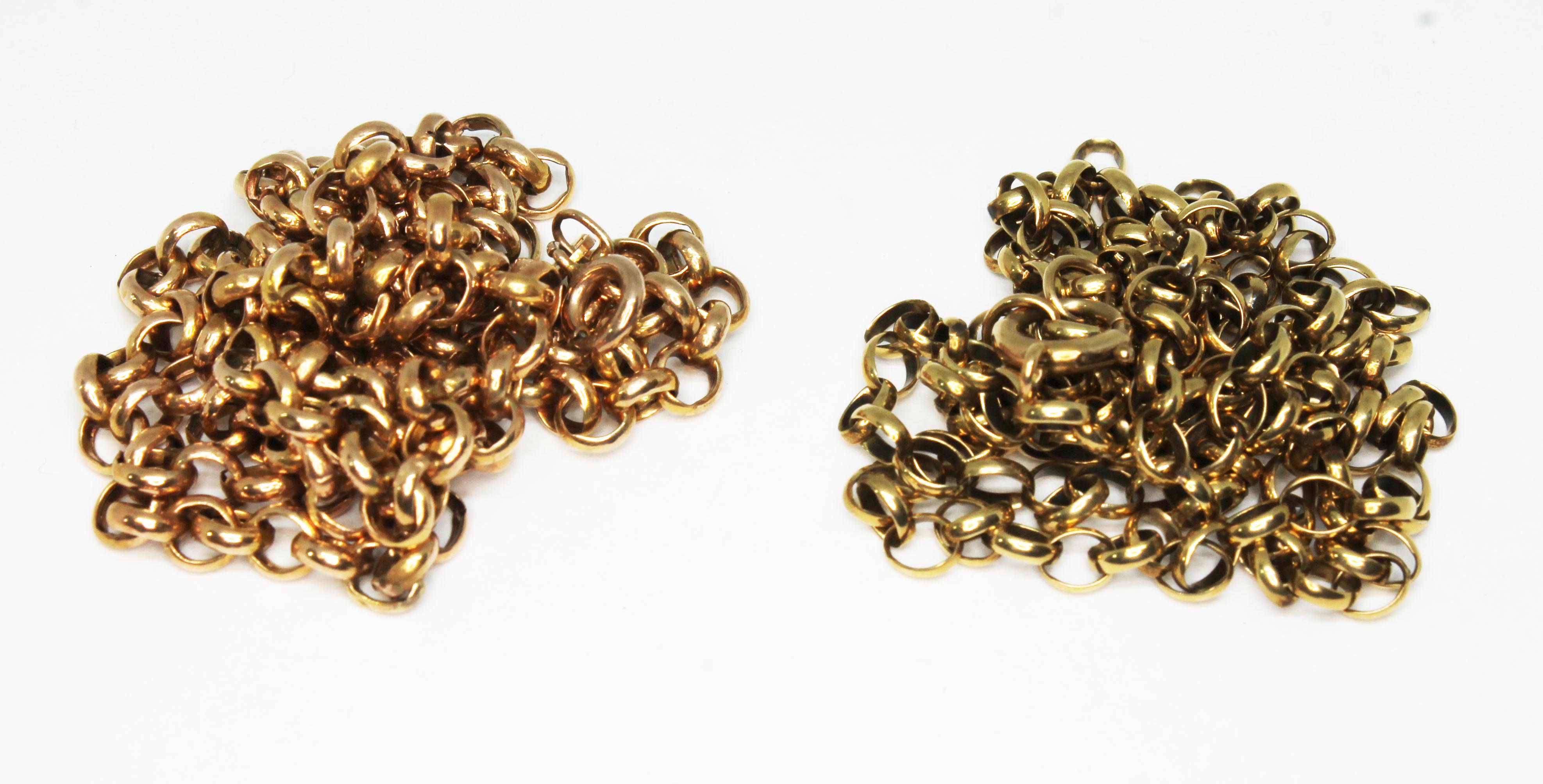 Two chains, one with 9ct hallmarks the other with 9ct gold import marks, wt. 14.9g.