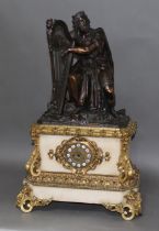 A large French late 19th century figural mantle clock, the bronze top depicting King David playing