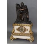 A large French late 19th century figural mantle clock, the bronze top depicting King David playing