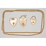 A mixed lot comprising three heart shaped pad lock clasps marked '9ct' or '9c' wt. 6.5g, together