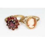 A hallmarked 9ct gold garnet cluster ring and cameo ring marked 9ct', gross wt. 5.9g, size O.