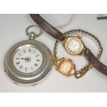 Three watches comprising a ladies watch marked '14K', a hallmarked 9ct gold wristwatch and a