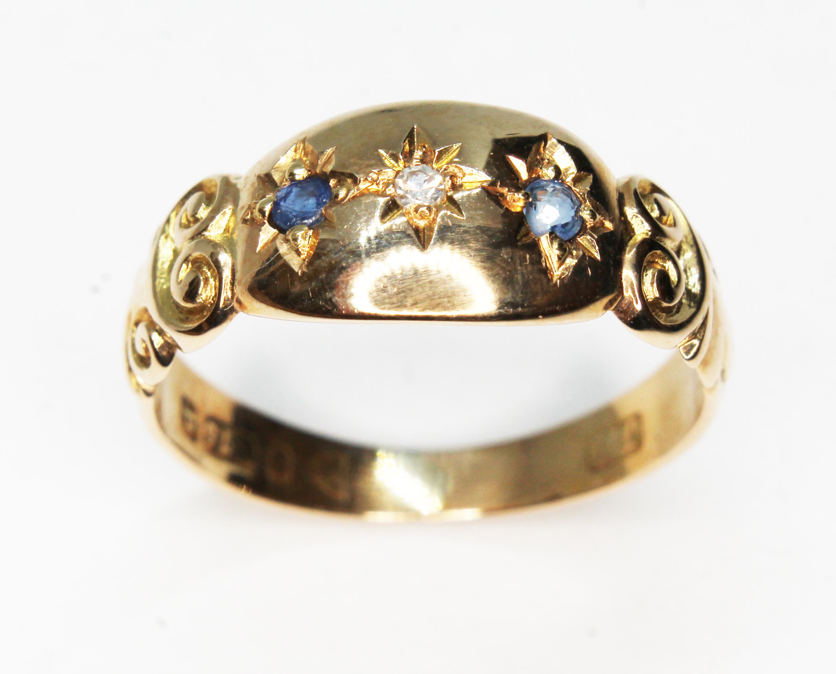 A late Victorian diamond and sapphire ring, sponsor's mark 'J.R', Chester 1898, gross wt. 2.3g, size