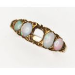 An antique precious opal ring, scroll setting, band marked 'A.A.' and '18ct', gross wt. 5g, size