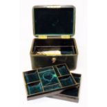 A late Victorian parcel gilt green stained leather jewellery box, inset brass handle to top, opening