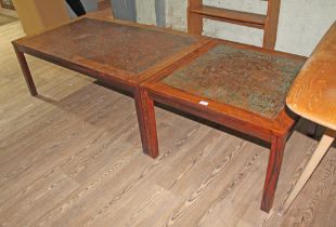 A pair of Danish rosewood coffee tables with textured copper tops, CITES no. 619460/01.