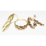 A mixed lot comprising a pair of earrings marked '585' wt. 2g, a hallmarked 9ct gold ring and a pair